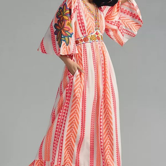 Farm Rio V Neck Embroidered Maxi Dress